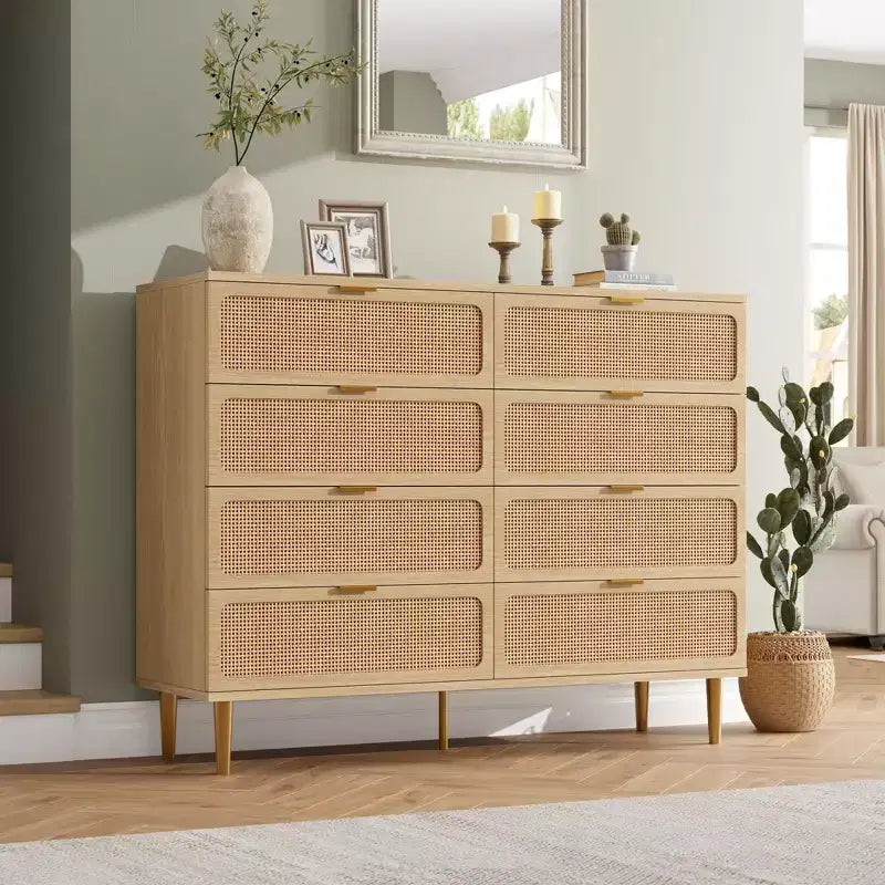 Rattan 8 Drawer Dressers for Bedroom Tall Dresser with Deep Drawers Large Chest of Drawers for Closet with Wide Top Long Wooden Dresser
