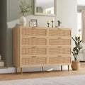 Rattan 8 Drawer Dressers for Bedroom Tall Dresser with Deep Drawers Large Chest of Drawers for Closet with Wide Top Long Wooden Dresser