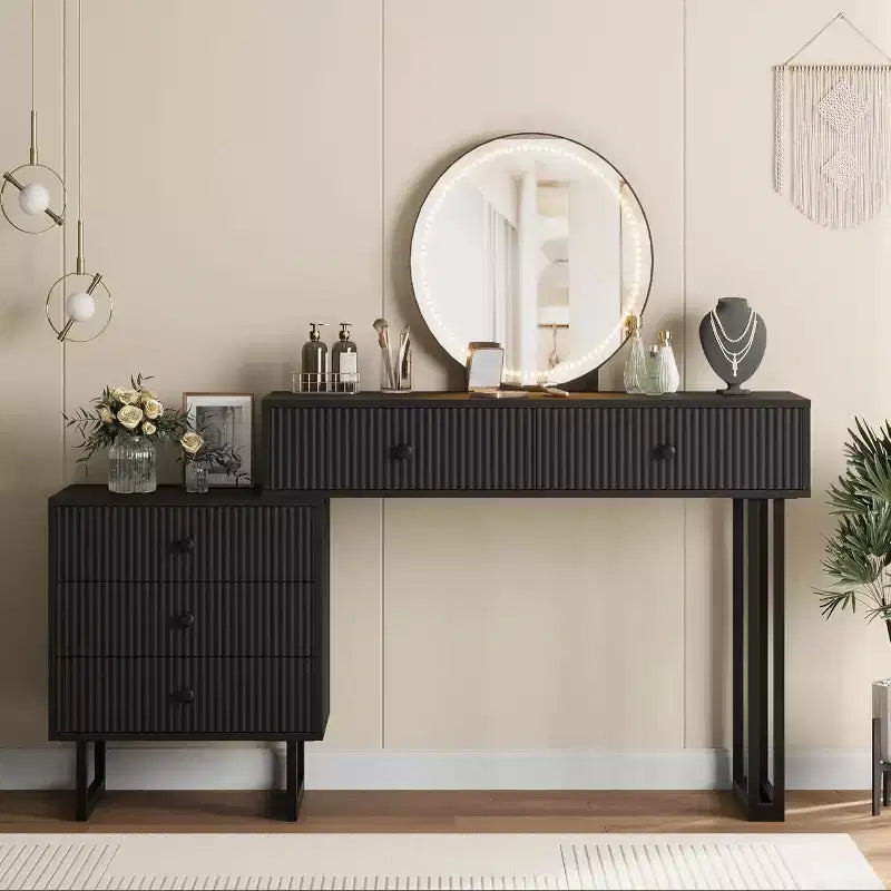 COZONY Vanity Desk with Mirror & Lights Small Makeup Vanity Table with Drawers Modern Dressing Table with 3 Color Adjustable Brightness for Bedroom
