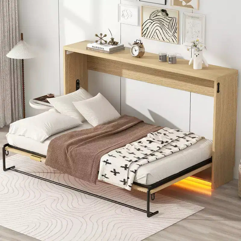 ModernLuxe Twin XL Size Murphy Bed Wall Bed Frame Wooden Storage Cabinet Bed with LED Light Natural