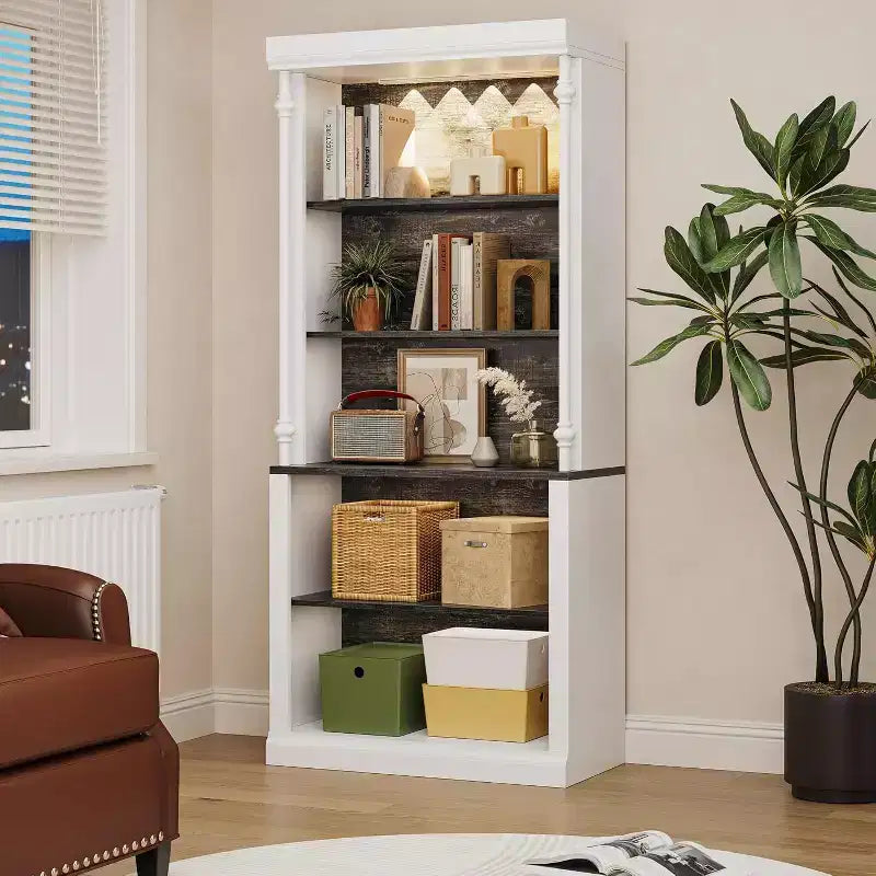 71'' Bookshelf with Adjustable Shelves 5-Tier Display Cabinet Farmhouse Wood Bookcase with Anti-Tip Design for Living Room Office