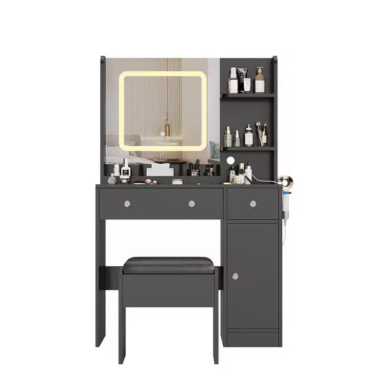 Vanity table with mirror featuring a charging station 3 drawers 3 open shelves and a cabinet. Ideal for bedrooms and makeup studios.