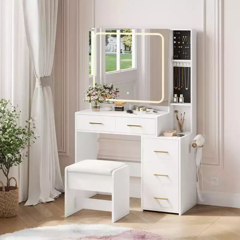 Sturdy Particle Board Vanity Desk Set - Stylish Dressing Table with Illuminated Smart Mirror USB Socket & Ample Jewelry Storage Space