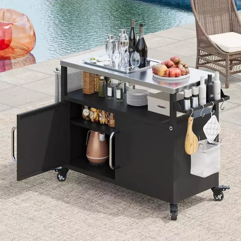 JVNOXK 54.5-inch outdoor kitchen island with stainless steel countertop metal grill cart table and 4 lockable wheels ideal for outdoor barbecuing