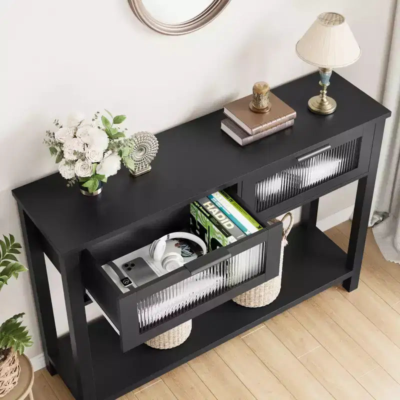 COZONY 43 Modern Wood Console Table with 2 Glass Drawers Narrow Entryway Table with Spacious Storage for Living Room Hallway Foyer Kitchen