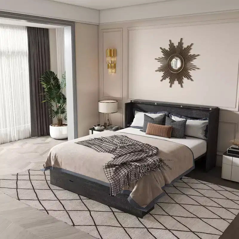 GDFStudio Brynn Modern Full Size Murphy Bed with Storage Drawer and Swivel Wheels