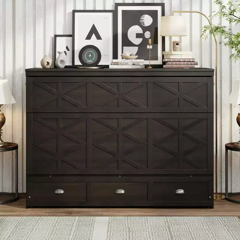 Polibi Modern Queen Murphy Bed Cabinet with USB Charging Station and Large Storage Drawer