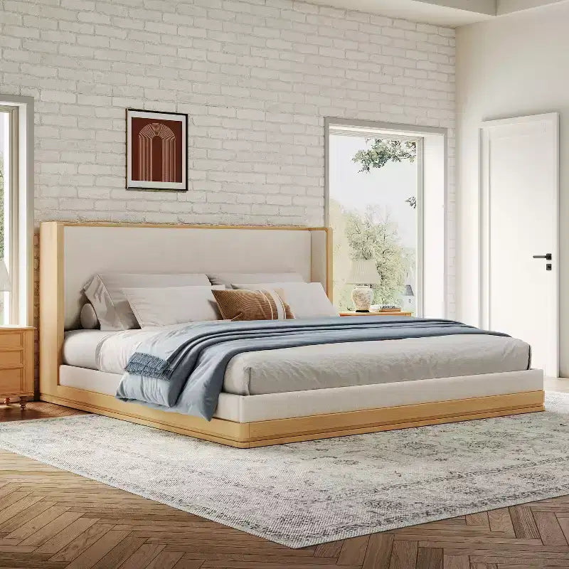 Lit plateforme capitonné en chenille, style Mid-Century Modern