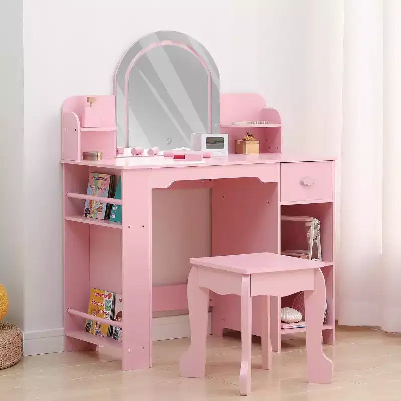 GustoWave 2 in 1 Kids Vanity Table & Stool with Mirror Bookshelf and Makeup Palyset