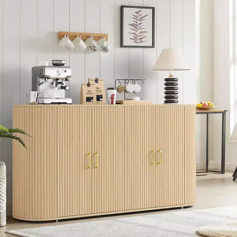 63 Modern Sideboard Buffet Cabinet Fluted Accent Adjustable Shelves & Durable Wood Feet Oak Finish Coffee Console for Living Room Kitchen