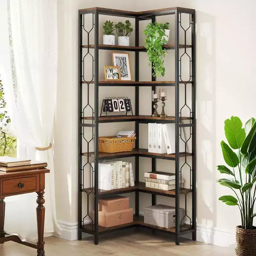 Lantine 7-Tier Corner Shelf 78.7 Tall Bookshelf with Storage Corner Bookcase Display Shelf for Living Room Bed Room Home Office (Brown)