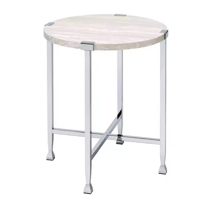 Royal Hampton End Table with X Shaped Metal Base and Round Wooden Top Silver and Beige