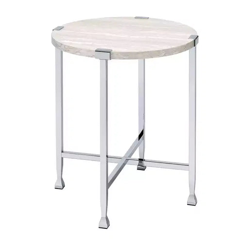 Royal Hampton End Table with X Shaped Metal Base and Round Wooden Top Silver and Beige
