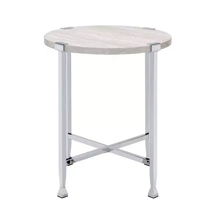 Table d'appoint avec base en métal en forme de X et plateau rond en bois argenté
