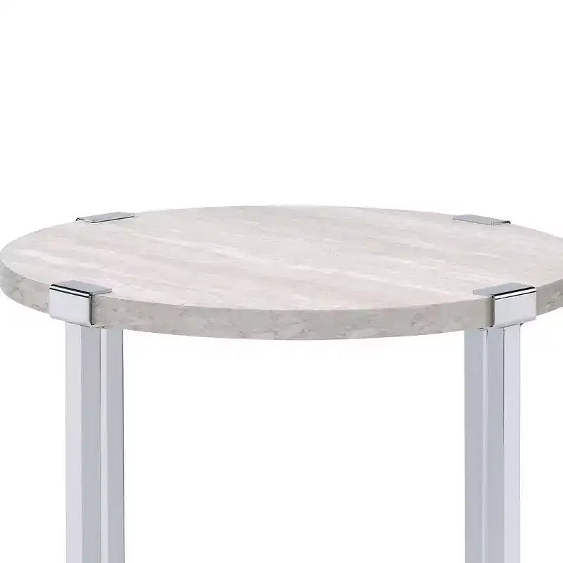 Table d'appoint avec base en métal en forme de X et plateau rond en bois argenté