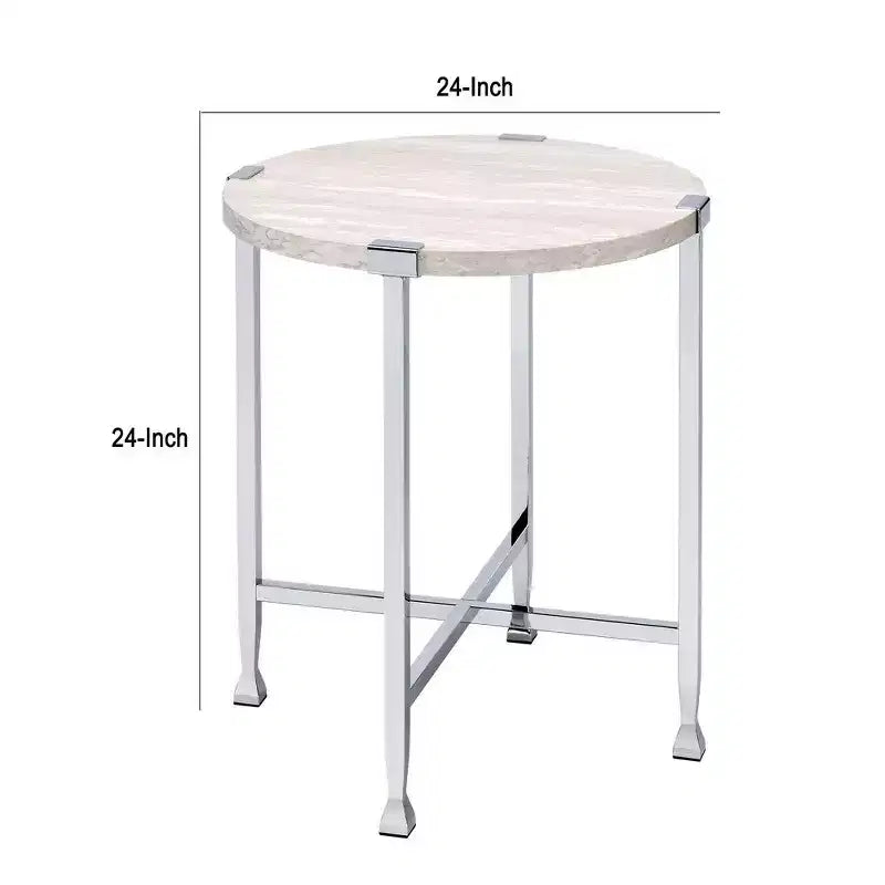Table d'appoint avec base en métal en forme de X et plateau rond en bois argenté