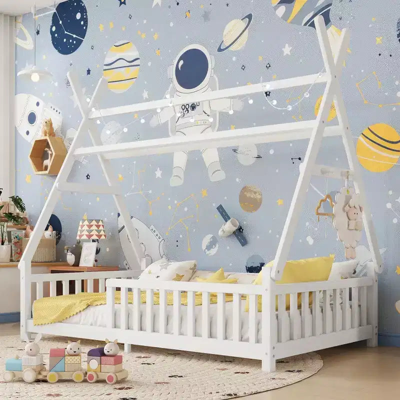 TUYOHW Twin Size Toddler Floor Bed with Fence and Roof for Kids Modern House Montessori Bed with Light for Bedroom