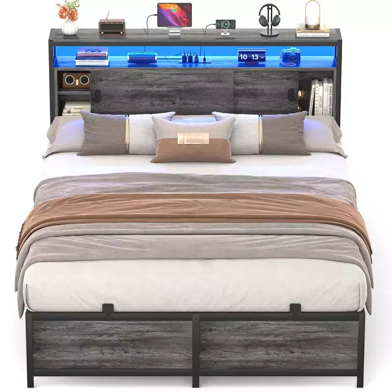 Lit de rangement avec portes coulissantes et éclairage LED