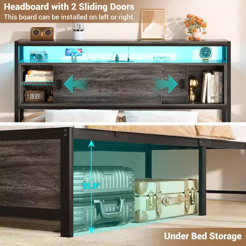 Lit de rangement avec portes coulissantes et éclairage LED