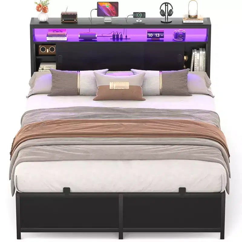 Lit de rangement avec portes coulissantes et éclairage LED
