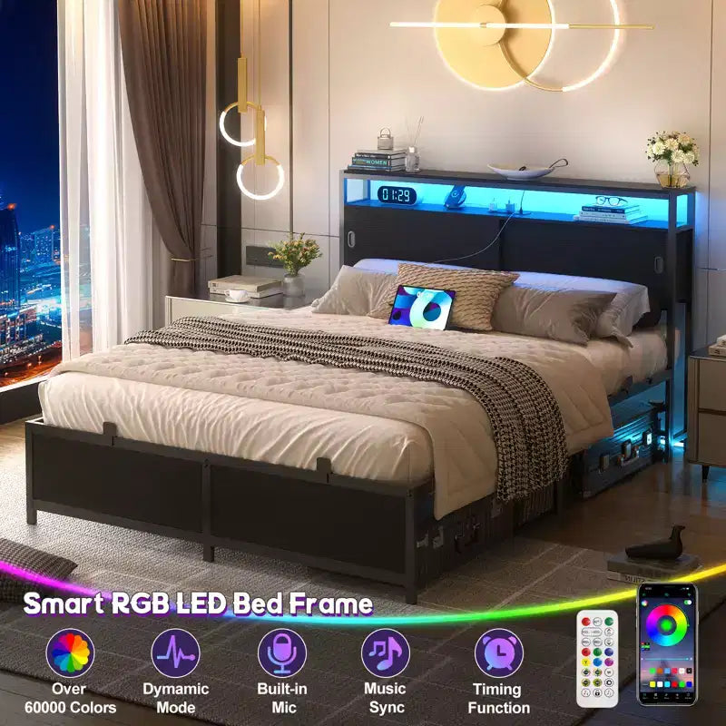 Lit de rangement avec portes coulissantes et éclairage LED