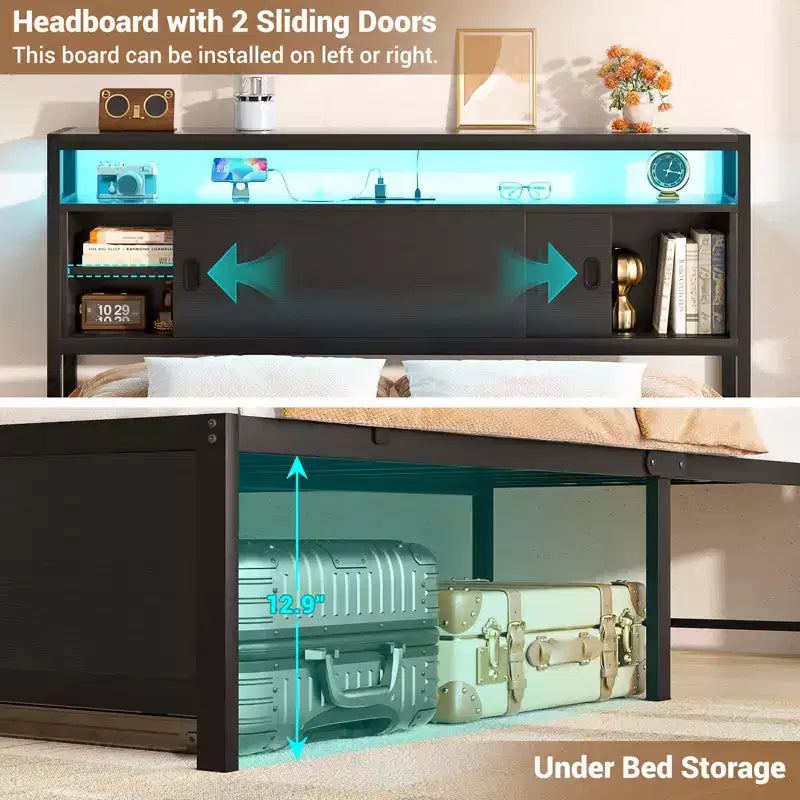 Lit de rangement avec portes coulissantes et éclairage LED