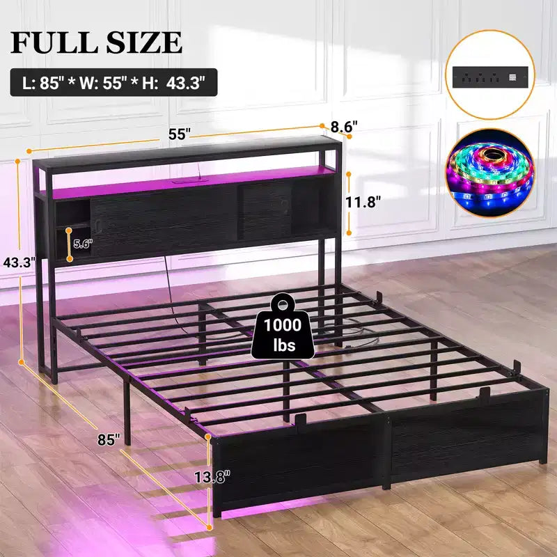 Lit de rangement avec portes coulissantes et éclairage LED