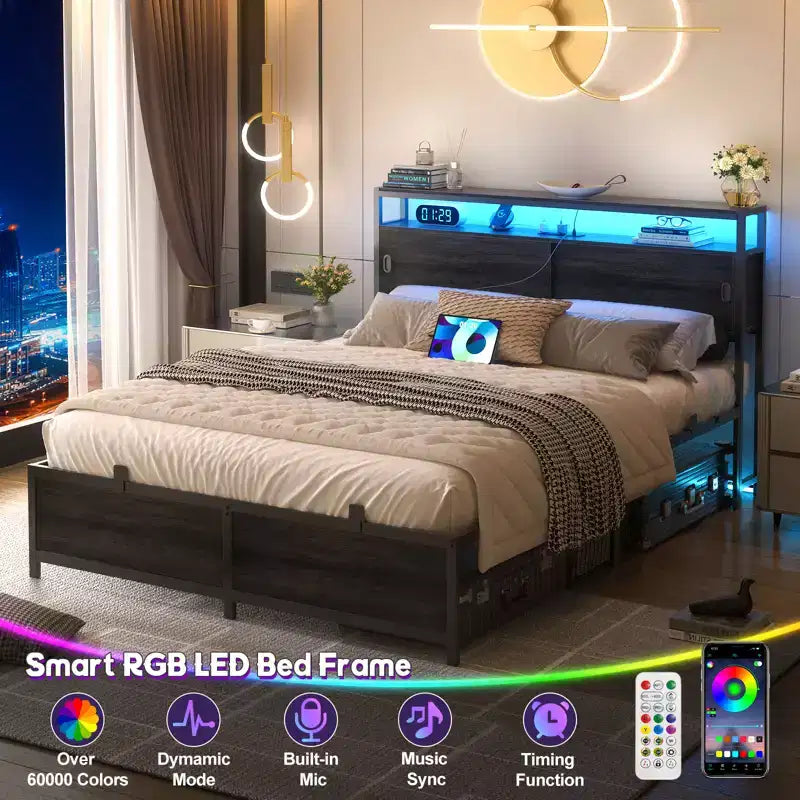 Lit de rangement avec portes coulissantes et éclairage LED