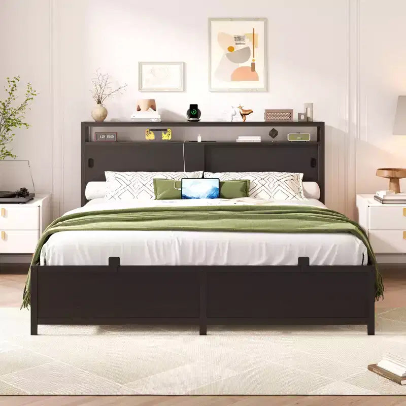 Besiost Storage Bed with Sliding Doors LED Lights & USB Charging Station