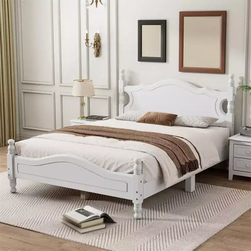 Full/Queen Size Wood House Bed Easy Assembly Platform Bed No Box Spring Needed Wooden Slat Mattress Foundation White_Full Size