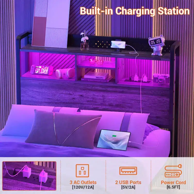 Tête de lit de rangement avec lumières LED et station de charge