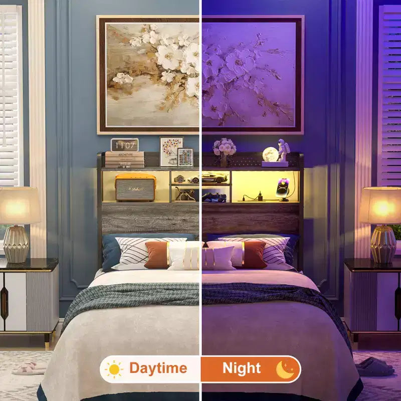 Tête de lit de rangement avec lumières LED et station de charge