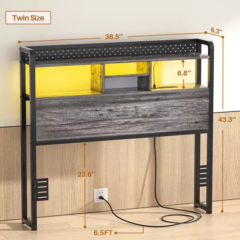 Tête de lit de rangement avec lumières LED et station de charge