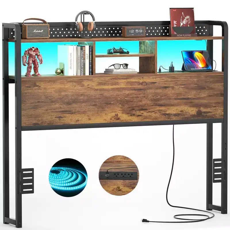 Tête de lit de rangement avec lumières LED et station de charge
