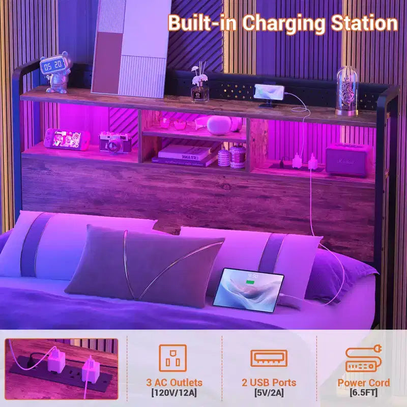 Tête de lit de rangement avec lumières LED et station de charge