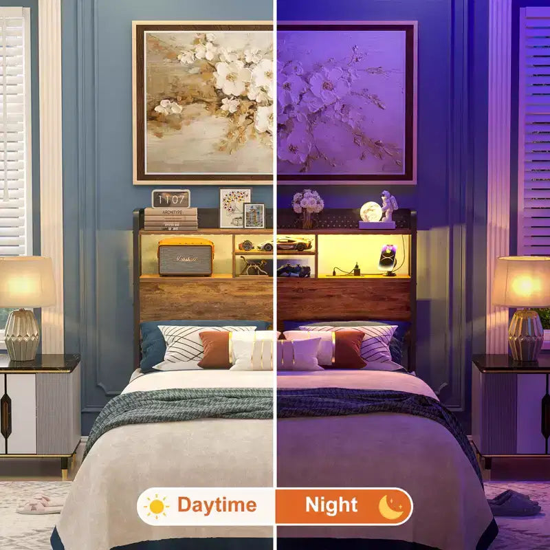 Tête de lit de rangement avec lumières LED et station de charge
