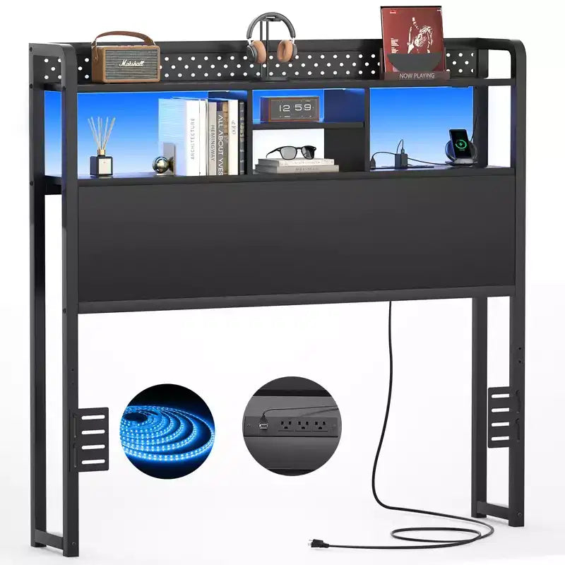 Tête de lit de rangement avec lumières LED et station de charge