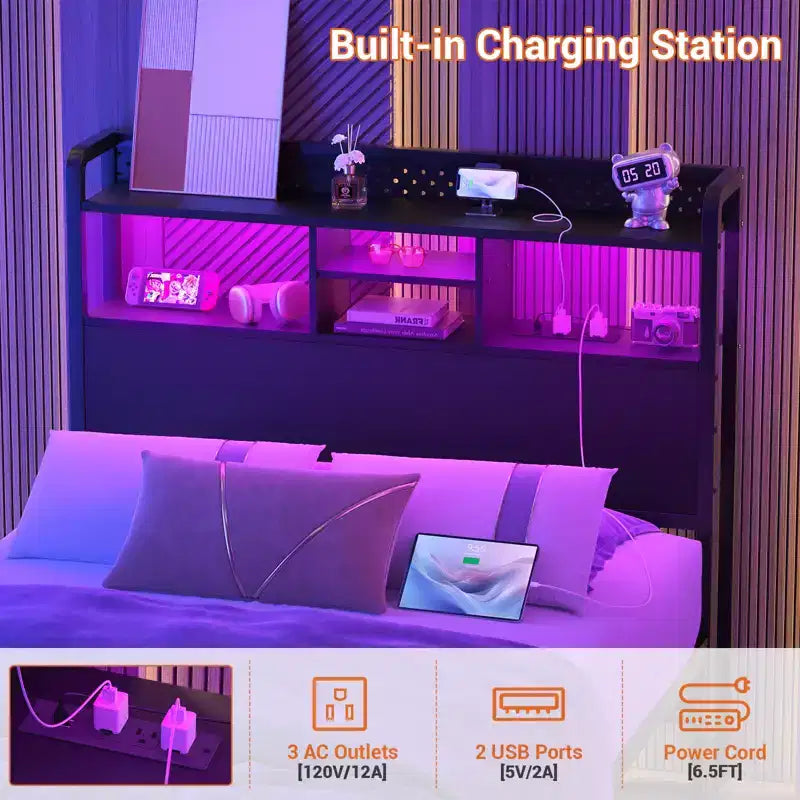 Tête de lit de rangement avec lumières LED et station de charge