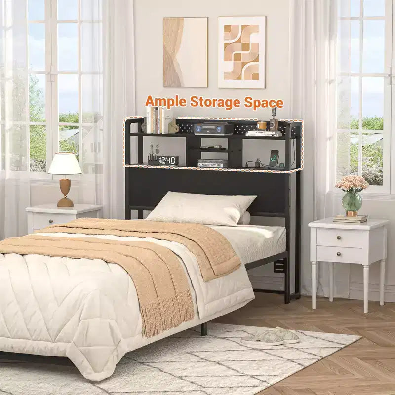 Tête de lit de rangement avec lumières LED et station de charge