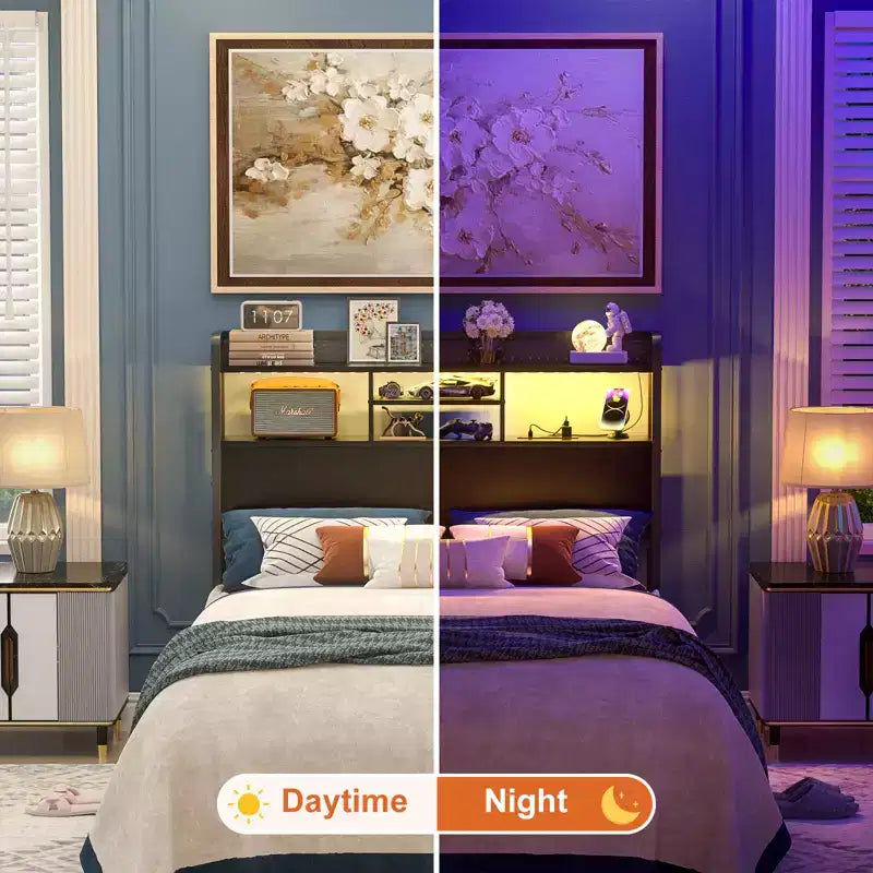 Tête de lit de rangement avec lumières LED et station de charge