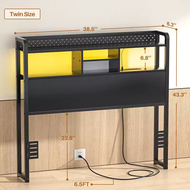 Tête de lit de rangement avec lumières LED et station de charge
