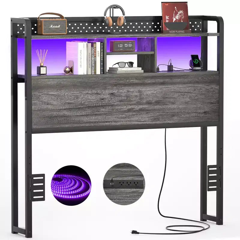 Tête de lit de rangement avec lumières LED et station de charge