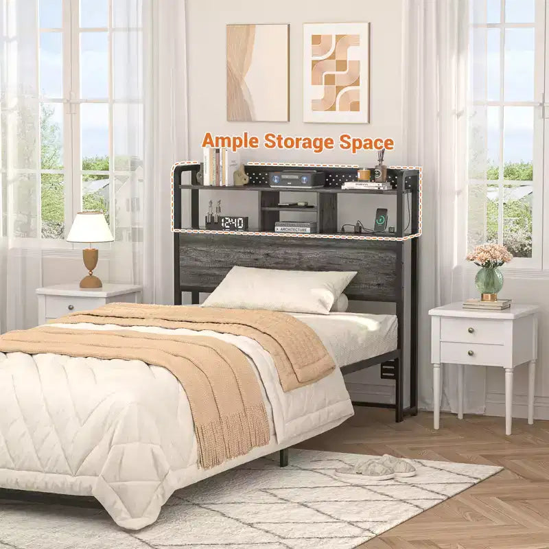 Tête de lit de rangement avec lumières LED et station de charge