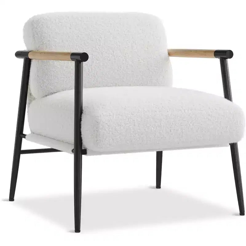 Modern Decorative Chair Metal Frame and Wooden Armrests Soft-padded Reading Chair for Bedrooms and Living Rooms Ergonomic White Single