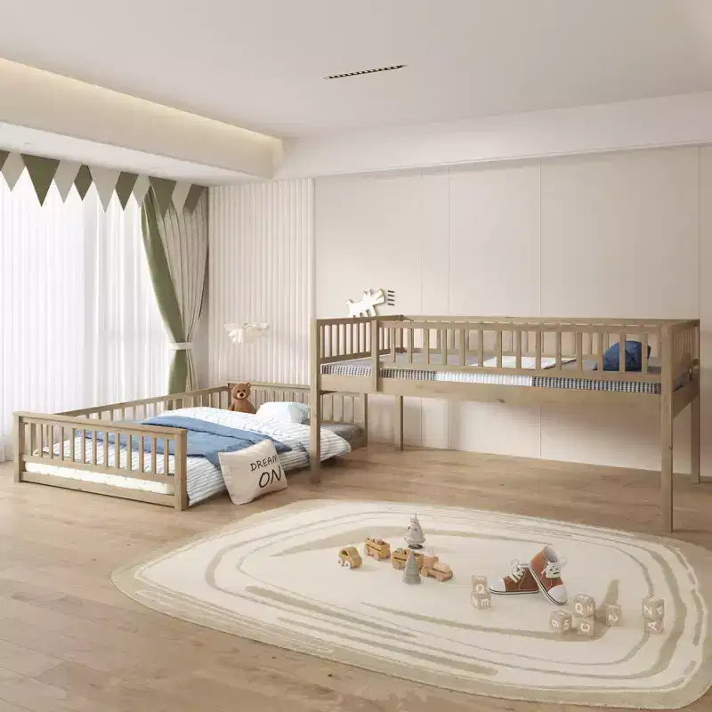 Lit superposé en bois avec échelle, barrières de sécurité et design convertible