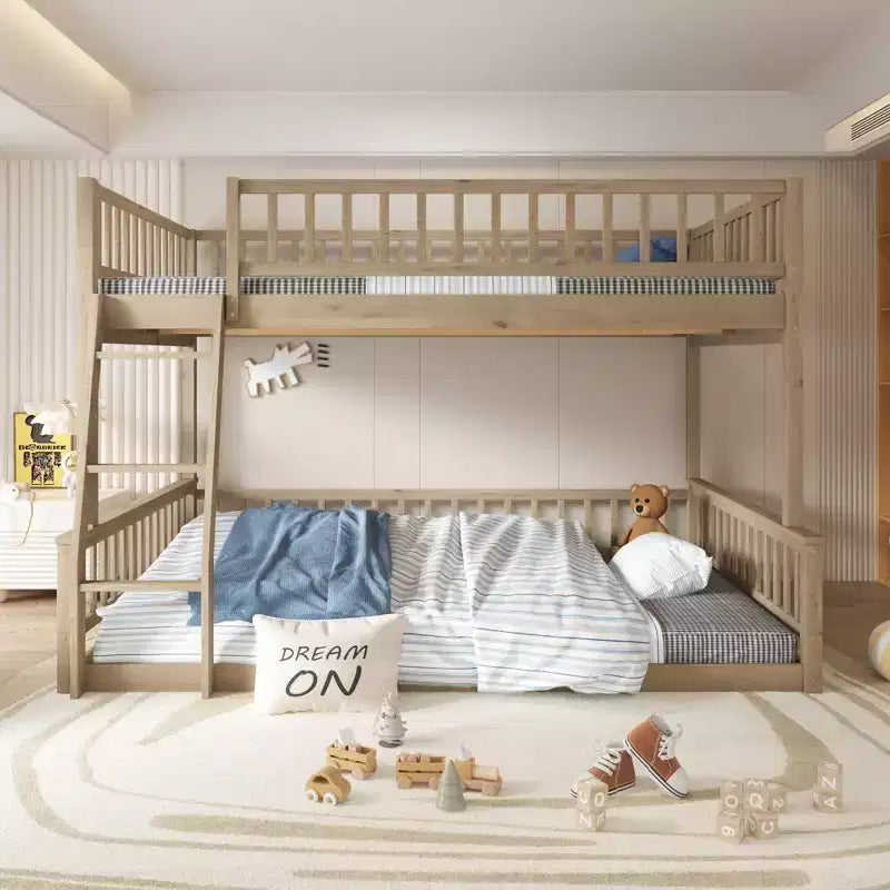 Lit superposé en bois avec échelle, barrières de sécurité et design convertible