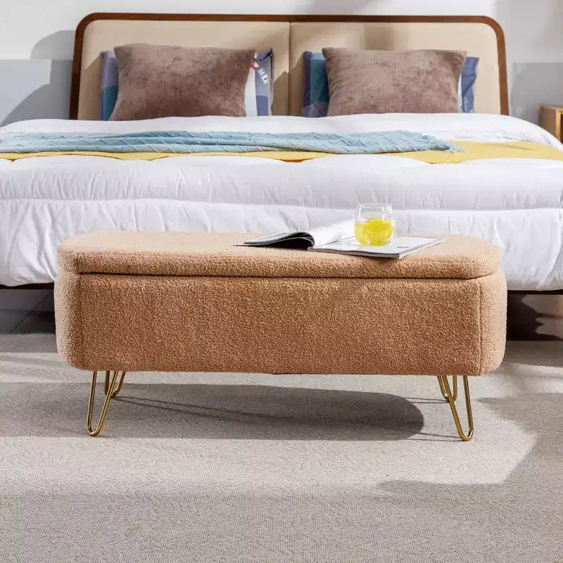 TUYOHW Faux Fur Storage Ottoman Bench Bed Bench with Storage Gold Metal Legs Modern Upholstered End of Bed Bench for Living Room Bedroom Entryway