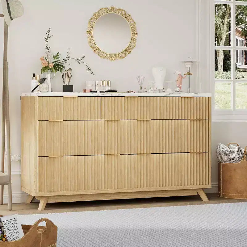 Fluted 7 Drawers Dresser 54 Wide Modern Chest of Drawers Curved Profile Design Large Storage Cabinet Organizer for Bedroom Living Room Hallway