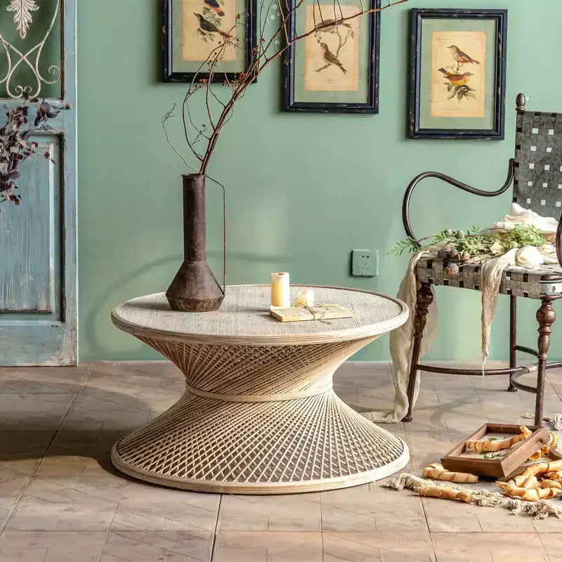 EHMKNP Natural Woven Round Rattan Coffee Table - Single Piece for Apartment Living Room Rattan End Table for Living Space