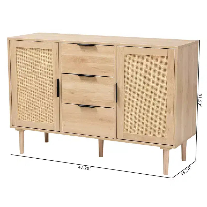 Buffet à tiroirs en bois et rotin